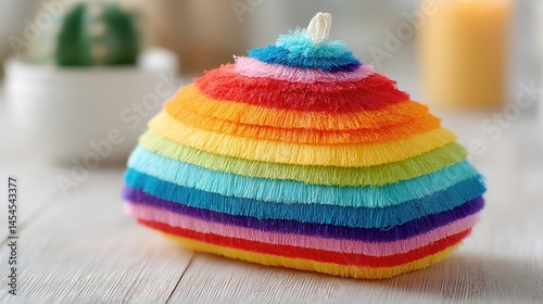 Colorful piñata made from layered fringe at a crafting table during a festive event