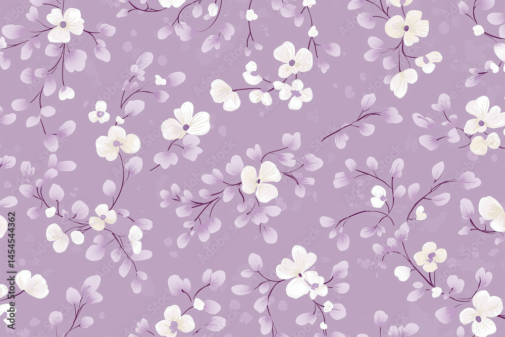Fototapeta premium Soft and whimsical floral pattern featuring delicate white flowers on pale lilac background, creating serene and charming atmosphere