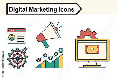 Digital marketing & business analytics icons line art vector seton a white background