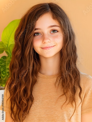 A girl with long, wavy brown hair smiles gently at the camera against a beige backdrop