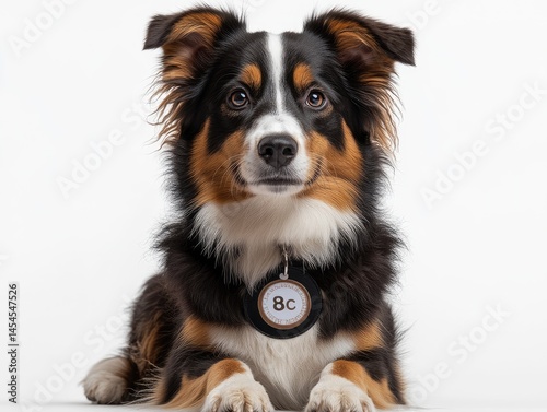Tri-color dog with collar tag stares ahead, lying down on a white background