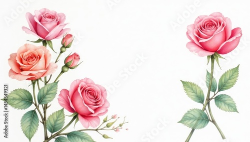 Delicate watercolor roses in soft pastel hues on white , illustration, blossom, elegant