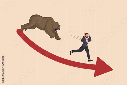Recession and Market Crash Businessman Fleeing from a Bear on a Downward Graph, Illustrating Economic Panic and Financial Crisis.