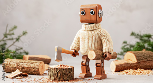 Wooden eco robot actively tending to nature by chopping wood in a serene natural setting