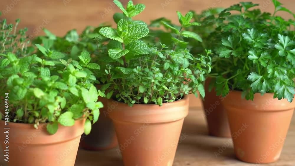 Aromatic herbs in terracotta pots for home cooking and garden decoration Aromatic herbs in terracotta pots for home cooking and garden decoration