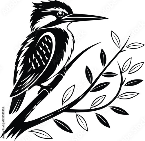 Vector art of a black crow, a wild bird with striking feathers on a branch, an animal illustration