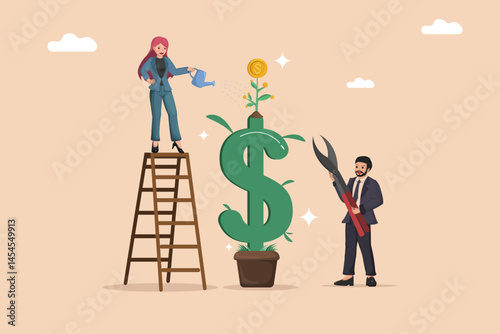 Teamwork for Wealth Growth and Investment Development with Business Characters Caring for Money Tree.