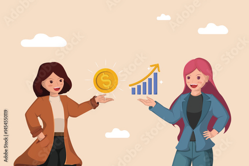 Economic Achievement Concept  Women Investors Gaining Profit with Upward Graph and Money Icon.