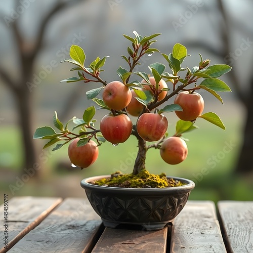 apple bonsai tree with red apple on branch