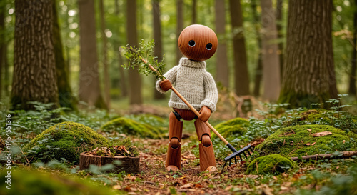 Cute wooden eco robot gardening in a lush forest, promoting nature care and sustainability