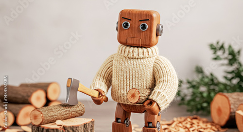 Cute wooden eco robot actively tending to nature by chopping wood in a sustainable environment
