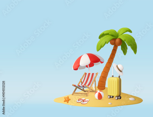3d Tropical Beach Vacation Setup with Umbrella and Palm
