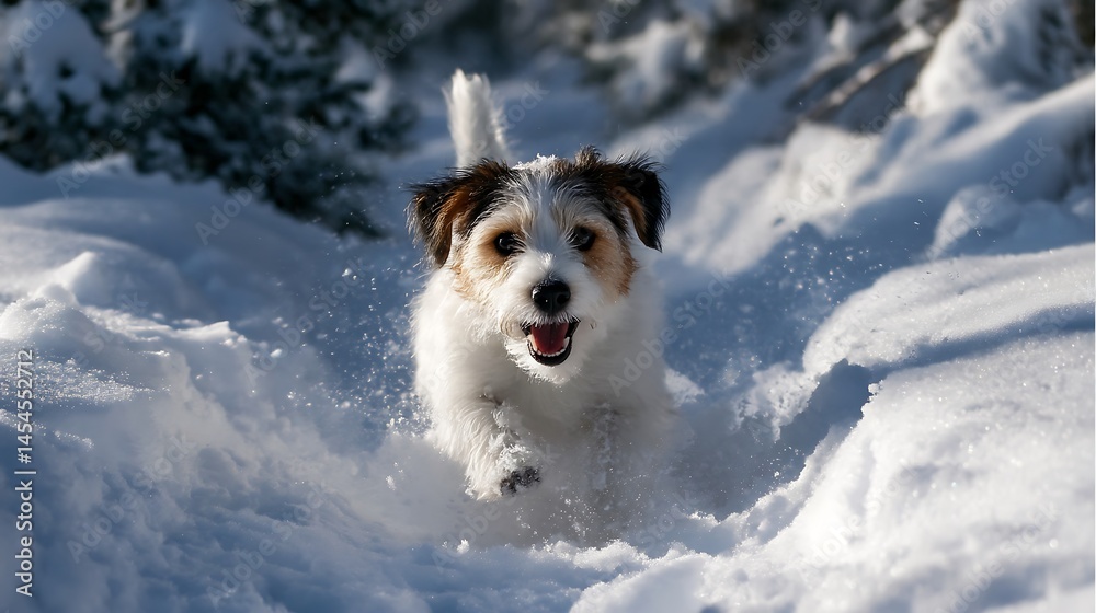 Happy dog runs joyfully through deep snowdrifts Happy dog runs joyfully through deep snowdrifts