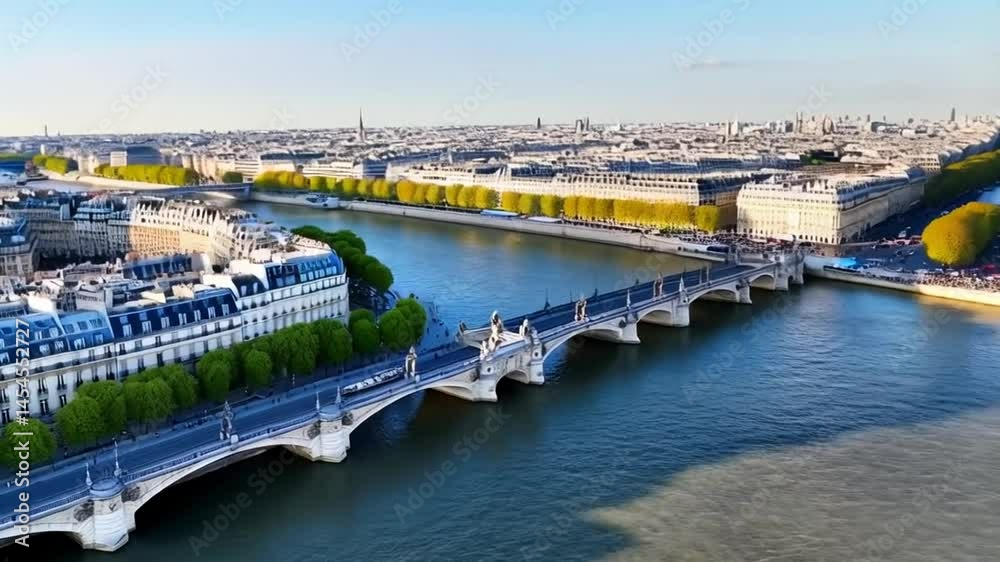 Aerial view of paris skyline and pont royal bridge over seine river