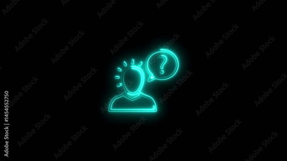 Illuminated neon icon of person with question mark in speech bubble on black background Illuminated neon icon of person with question mark in speech bubble on black background