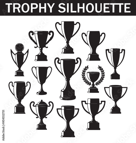 Collection of various black silhouette trophy icons depicting different shapes, sizes, and angles for award and recognition design purposes.