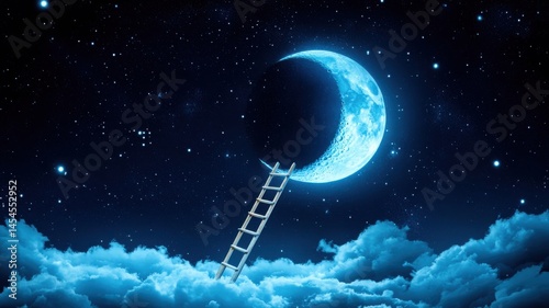 Ladder reaching towards a glowing crescent moon in a starry night sky above fluffy clouds