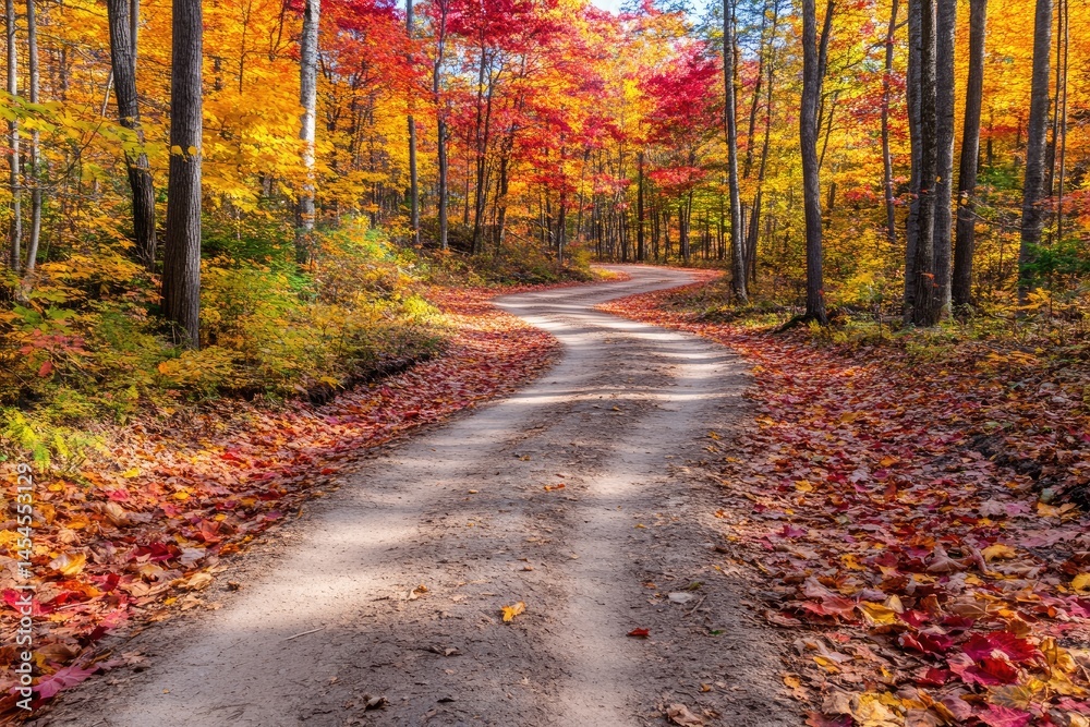 Obraz premium Winding path lined by trees with colorful fall foliage