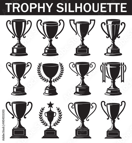 Collection of various black silhouette trophy icons depicting different shapes, sizes, and angles for award and recognition design purposes.
