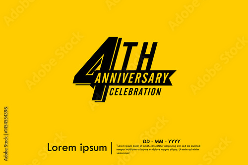 4th years anniversary celebration emblem. black logo isolated with ribbon on yellow background. vector illustration template design for web, flyers, poster, greeting card and invitation card