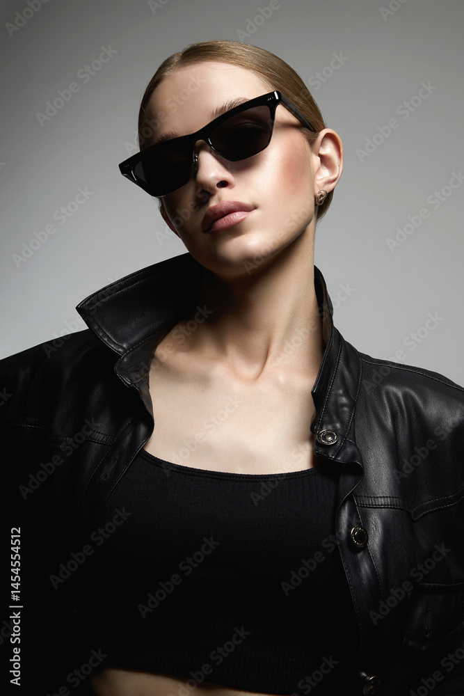 pretty blond girl in black glasses and leather coat