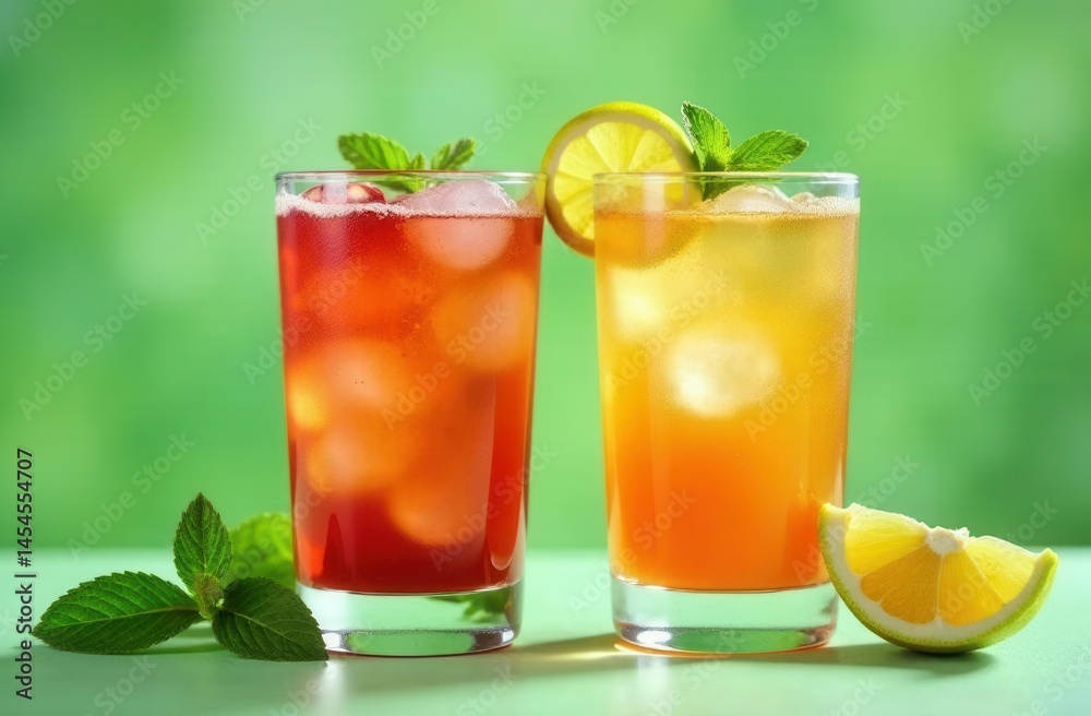Refreshing iced tea glasses with lemon and mint on green background