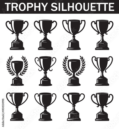 Collection of various black silhouette trophy icons depicting different shapes, sizes, and angles for award and recognition design purposes.