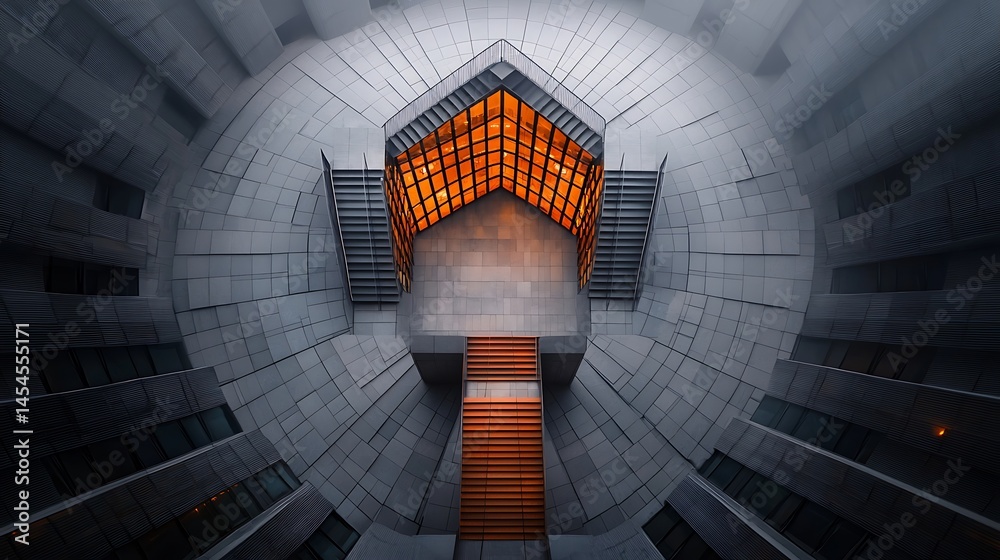 Obraz premium Geometric architectural structure with orange glowing interior