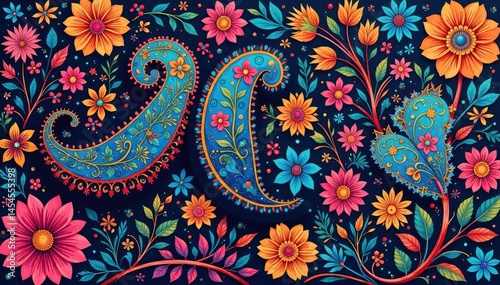 Intricate paisley floral pattern in vibrant hues, nature, elegant