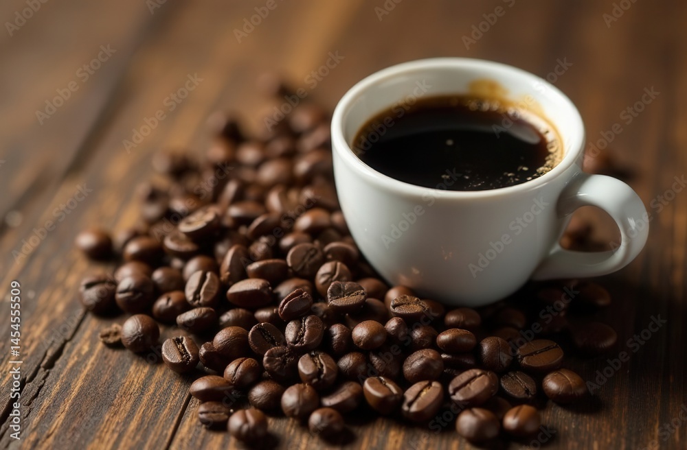 Freshly brewed black coffee in white cup with roasted coffee beans on wooden table Freshly brewed black coffee in white cup with roasted coffee beans on wooden table