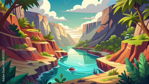 A peaceful canyon, unseen from above, cradles a calm pool and lush vegetation