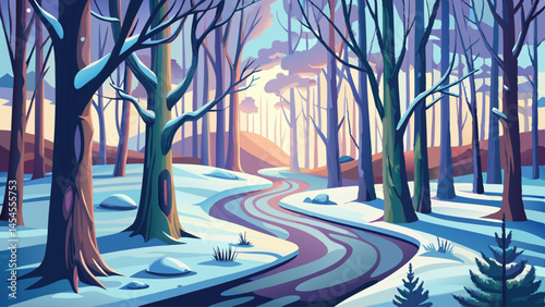A narrow path winds through snow-covered woods under a pale winter sky