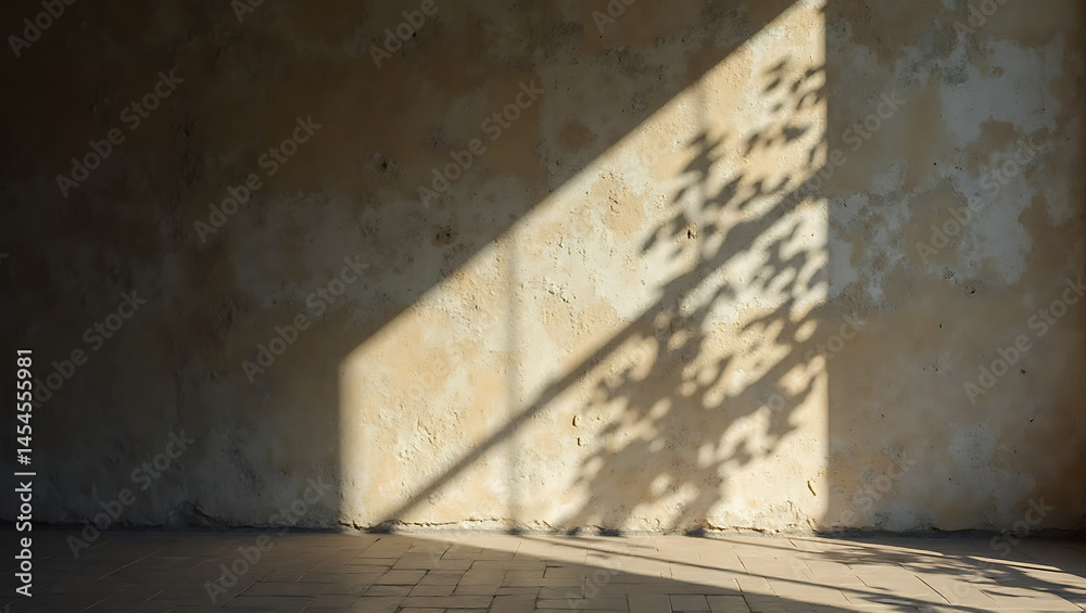 Bright sunlight streams through a window, creating sharp shadows of a plant against a weathered wall. The warm colors enhance the serene atmosphere of the vacant room. Bright sunlight streams through a window, creating sharp shadows of a plant against a weathered wall. The warm colors enhance the serene atmosphere of the vacant room.