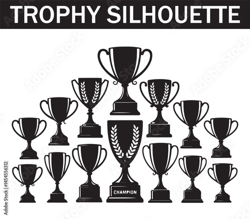 Collection of various black silhouette trophy icons depicting different shapes, sizes, and angles for award and recognition design purposes.