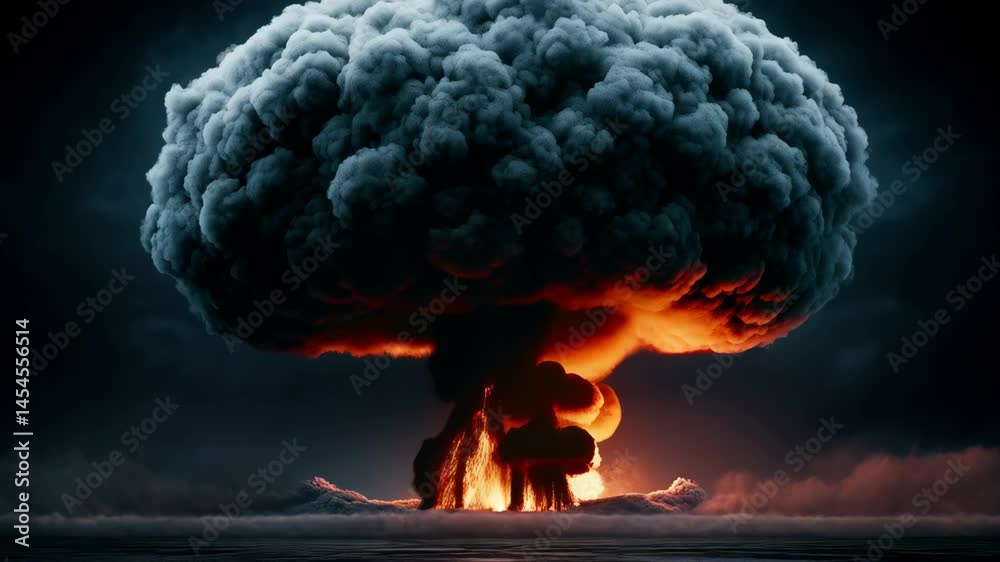Epic explosion with fiery smoke billowing upwards forming mushroom cloud over dark horizon, dramatic, powerful energy release event, atmospheric effect