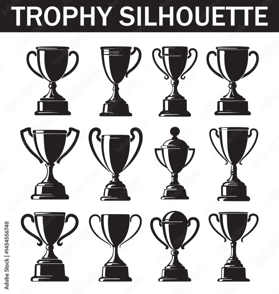 Obraz premium Collection of various black silhouette trophy icons depicting different shapes, sizes, and angles for award and recognition design purposes.