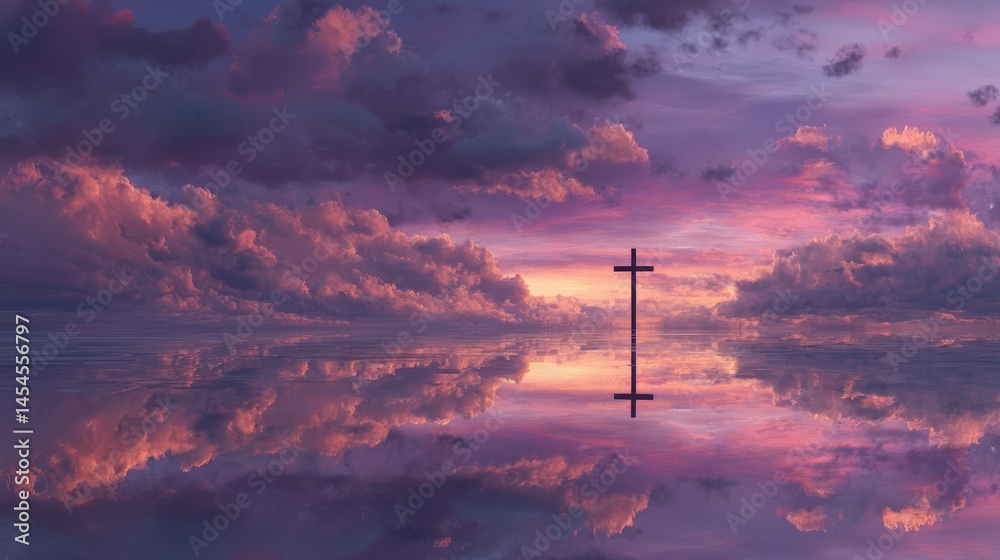 Obraz premium Serene Sunset Landscape with Cross Reflection Peaceful Sky Spiritual Hopeful Image
