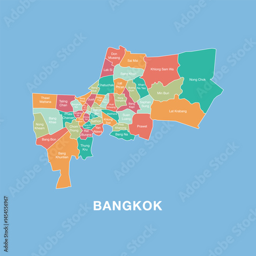 Colorful map of Bangkok, Thailand with labeled administrative districts. Vector illustration isolated on blue background.