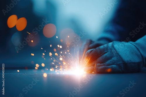 welder focused on metal construction amidst vivid neon hues gloves and mask enhancing glow