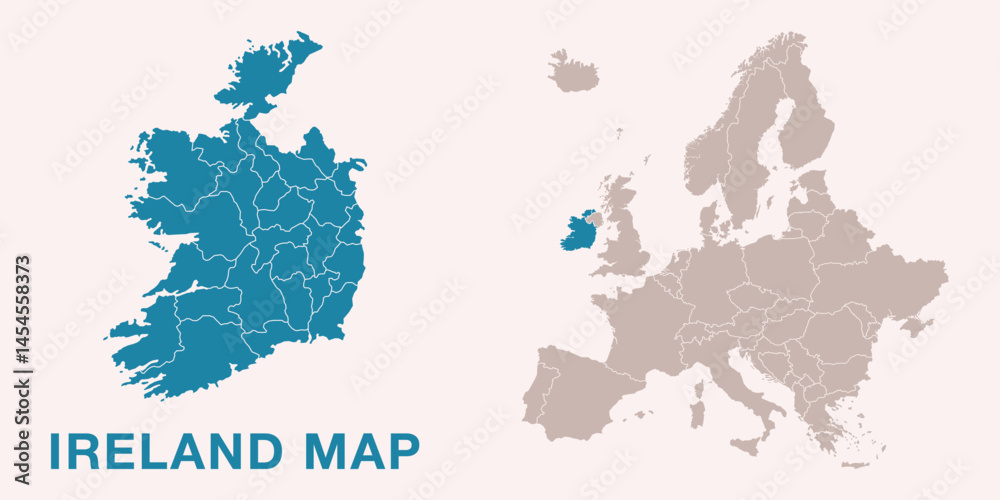 Obraz premium Map of Ireland with administrative divisions and highlighted position on Europe map. Isolated on white background. Vector illustration.