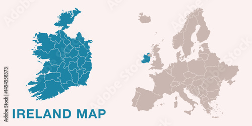 Map of Ireland with administrative divisions and highlighted position on Europe map. Isolated on white background. Vector illustration.