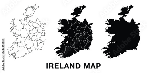 Ireland map set with administrative divisions, outline, and silhouette. Editable vector for infographics, presentations, and educational use.