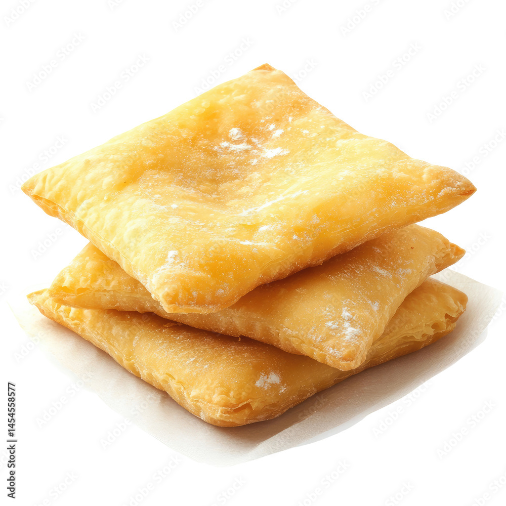 Stack of golden, square pastries, dusted with powdered sugar Stack of golden, square pastries, dusted with powdered sugar