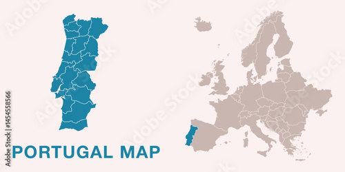 Map of Portugal with administrative divisions and highlighted position on Europe map. Isolated on white background. Vector illustration.