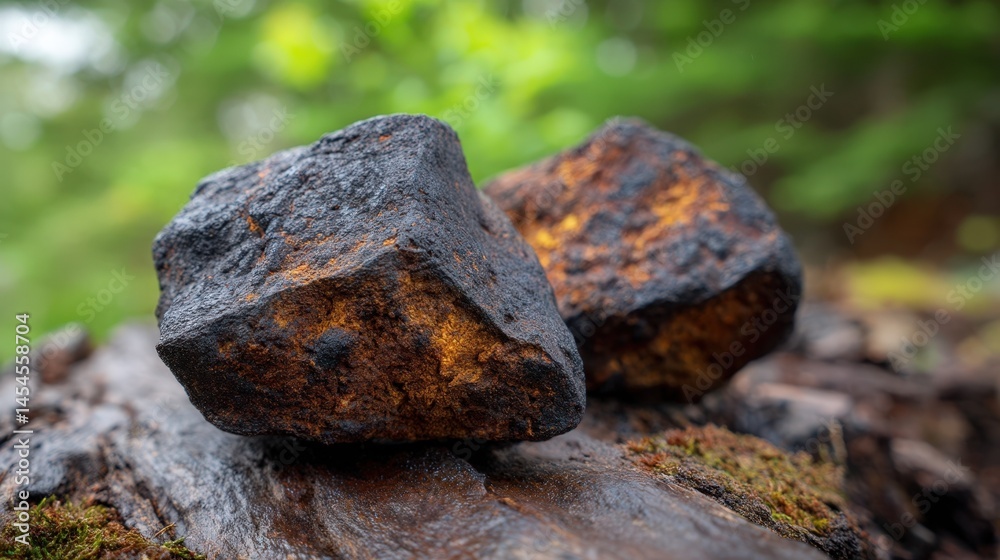 Two Dark Brown Rocks Resting on Mossy Log in Lush Green Forest Close up View of Natural Stone Texture Two Dark Brown Rocks Resting on Mossy Log in Lush Green Forest Close up View of Natural Stone Texture