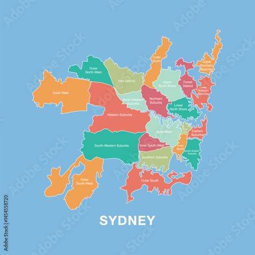 Colorful map of Sydney, Australia with labeled administrative districts. Vector illustration isolated on blue background.