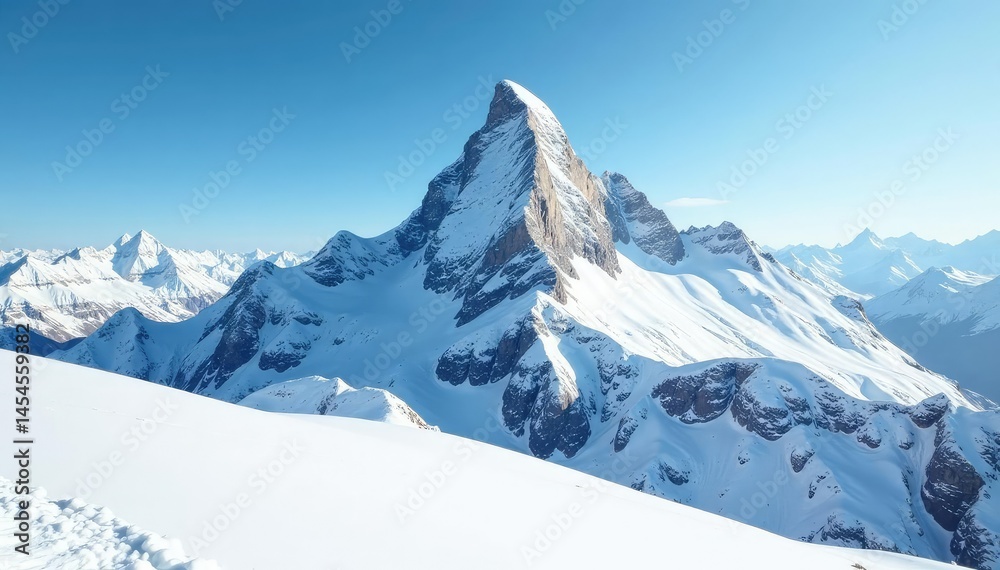 Obraz premium Snowy mountain peak, pristine white snow, clear sky, bright, adventure
