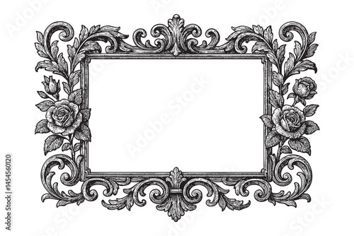 Vintage Baroque Victorian frame border flower engraving woodcut illustration