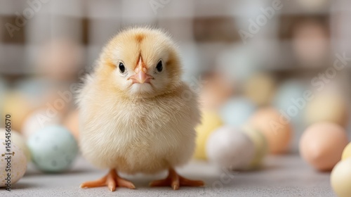 Adorable Fluffy Yellow Chickling Posing Near Pastel Easter Eggs A Perfect Springtime Image