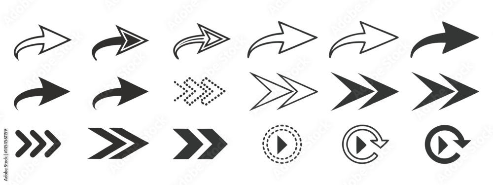 Arrow icon set share, forward, direction symbols black silhouette graphics on a white background Arrow icon set share, forward, direction symbols black silhouette graphics on a white background
